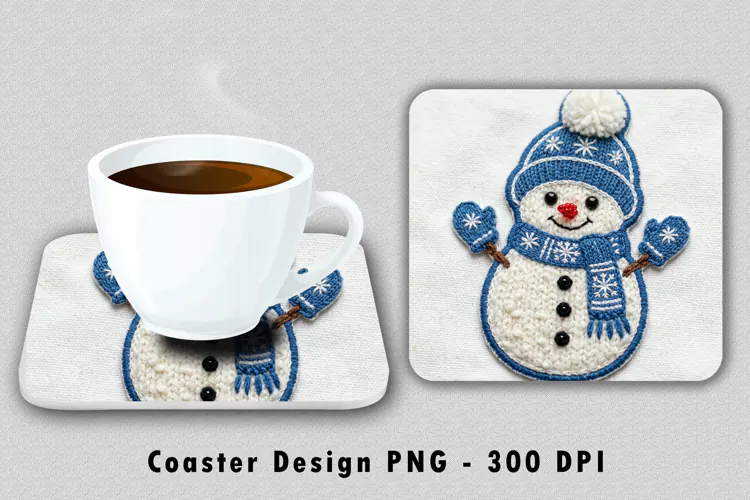 Knit Blue Snowman Coaster Sublimation PNG 300 DPI
