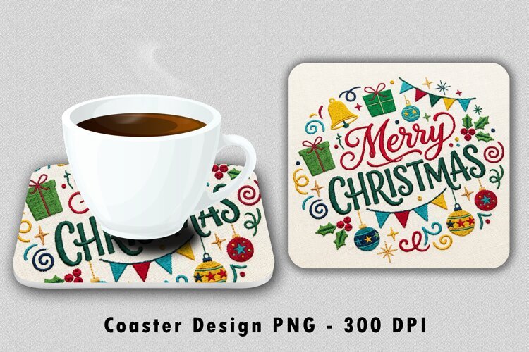 Embroidered Merry Christmas Coaster Sublimation PNG example image 1