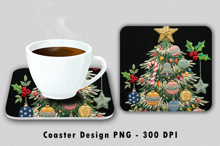 Embroidered Christmas Tree Coaster Sublimation PNG