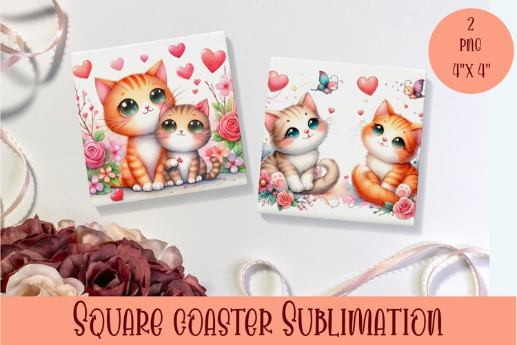 Funny cat Coaster Sublimation | Cat flowers Square Coaster