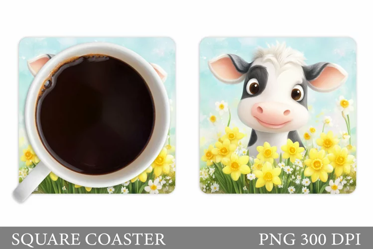Cute Cow Coaster Design. Cow Flowers Coaster Sublimation