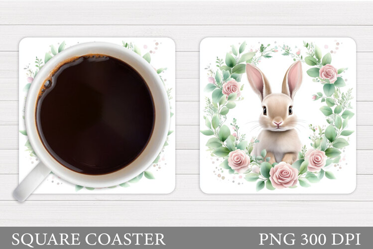 Cute Bunny Coaster. Bunny Flowers Coaster Sublimation example image 1