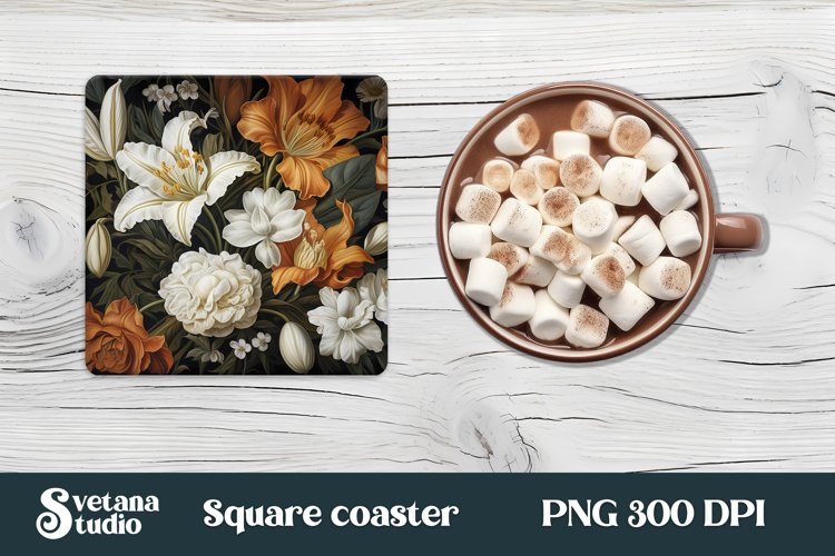 Orang flower square coaster sublimation design, orang flower sublimation design, flower square coaster PNG.