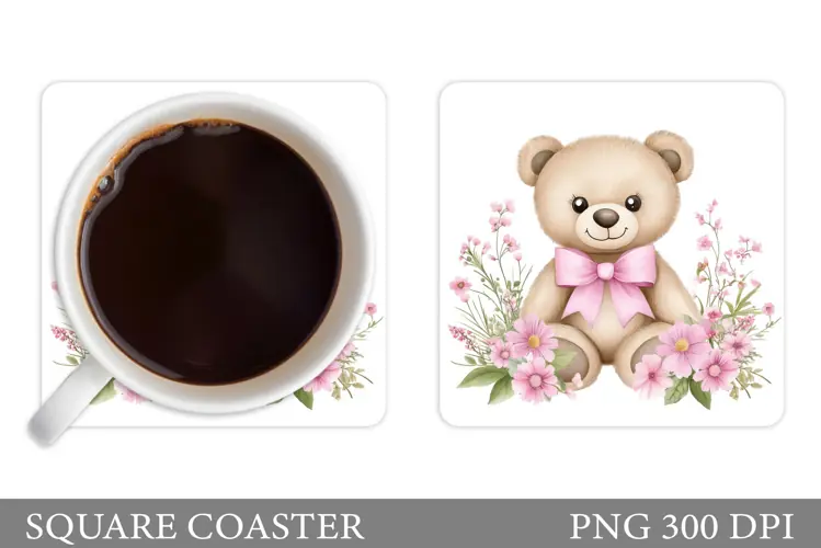 Bear Coaster Sublimation. Bear Flowers Coaster Design
