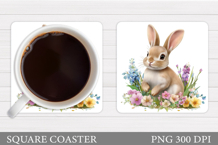 Cute Bunny Coaster. Bunny Flowers Coaster Sublimation