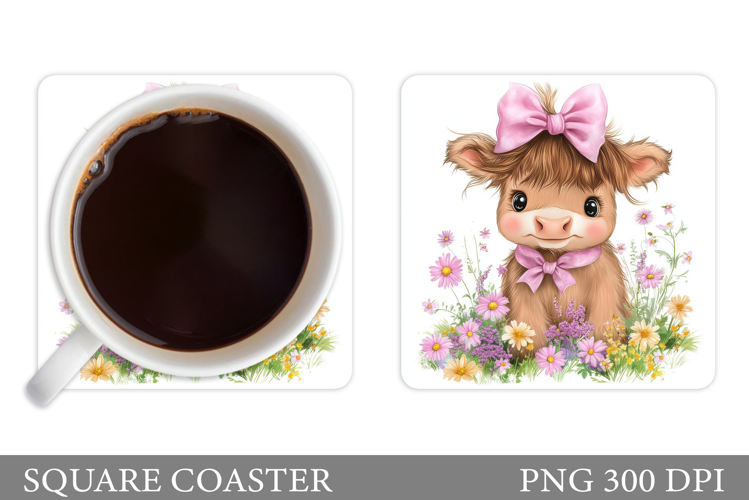 Cute Highland Cow Coaster. Cow Flowers Coaster Sublimation