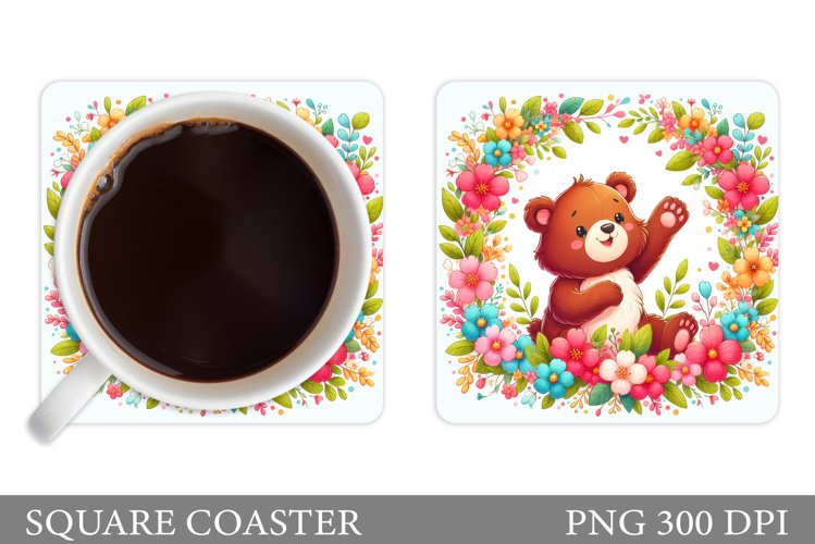 Bear Coaster Sublimation. Bear Flowers Coaster Design example image 1