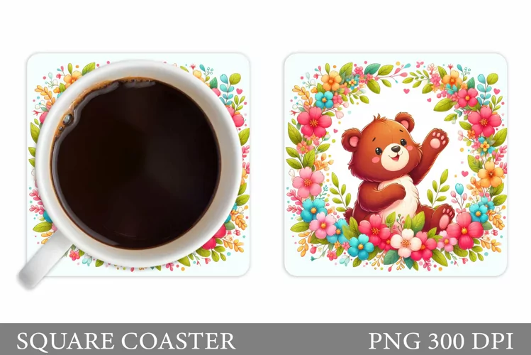Bear Coaster Sublimation. Bear Flowers Coaster Design