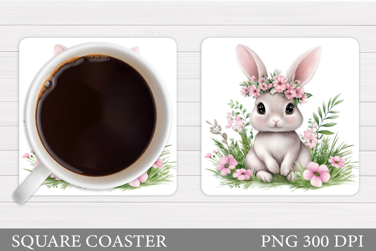 Cute Bunny Coaster. Bunny Flowers Coaster Sublimation