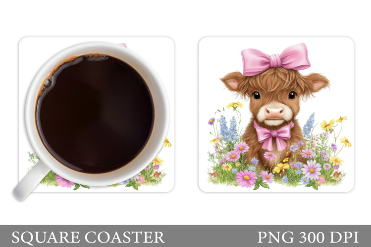 Cute Highland Cow Coaster. Cow Flowers Coaster Sublimation