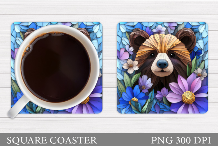 Bear Coaster Sublimation. Bear Flowers Coaster Design