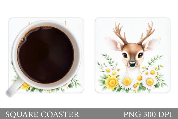 Cute Deer Coaster Sublimation. Deer Flowers Coaster Design example image 1