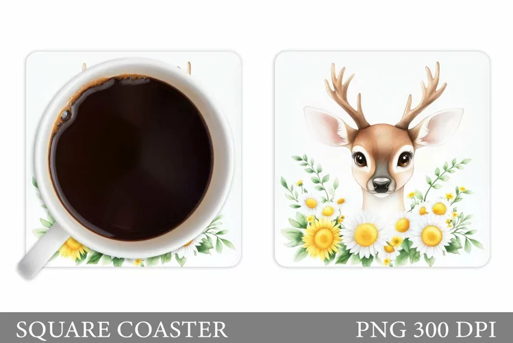 Cute Deer Coaster Sublimation. Deer Flowers Coaster Design