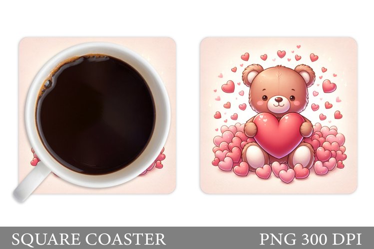 Cute Bear Square Coaster. Valentines Bear Coaster Design example image 1