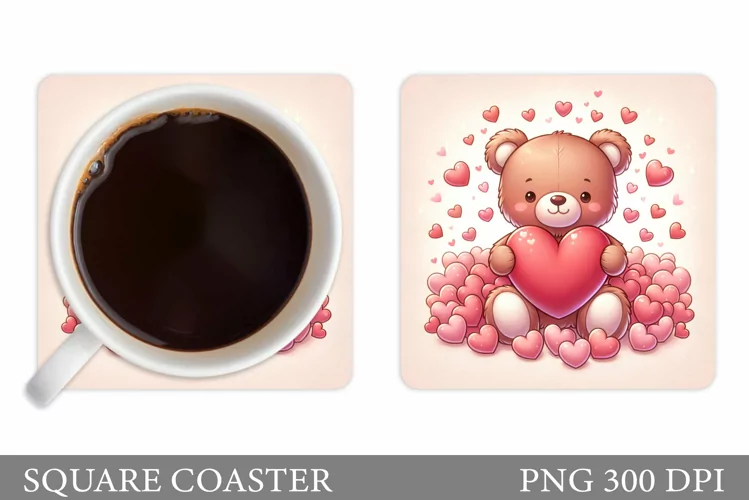 Cute Bear Square Coaster. Valentines Bear Coaster Design