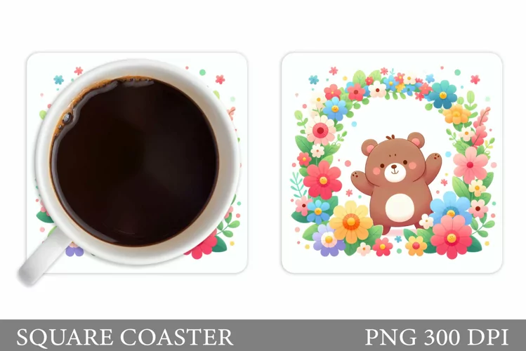 Bear Coaster Sublimation. Bear Flowers Coaster Design