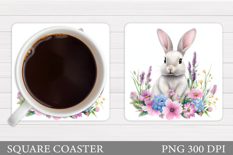 Cute Bunny Coaster Design. Bunny Flowers Coaster Sublimation example image 1
