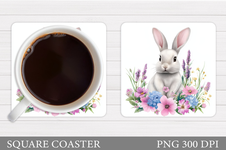 Cute Bunny Coaster Design. Bunny Flowers Coaster Sublimation