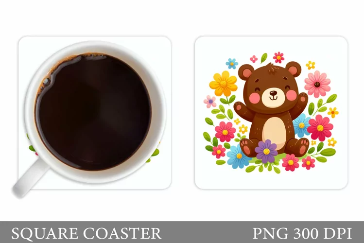 Bear Coaster Sublimation. Bear Flowers Coaster Design