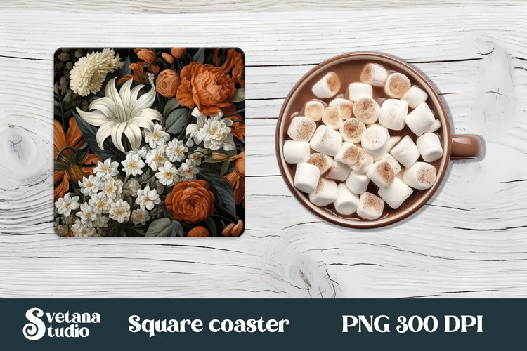 Flower square coaster sublimation | Orang flower coaster PNG