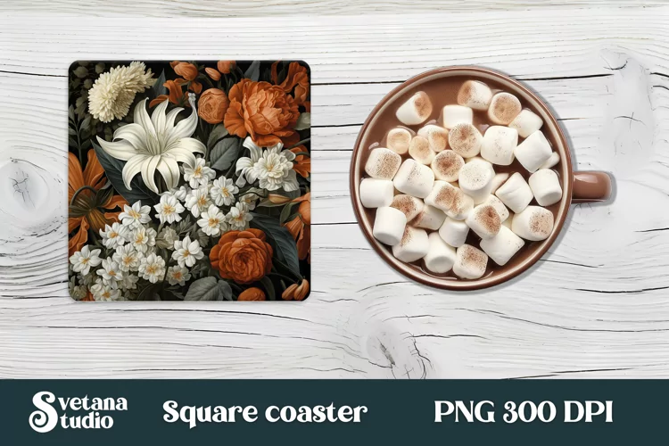 Flower square coaster sublimation | Orang flower coaster PNG