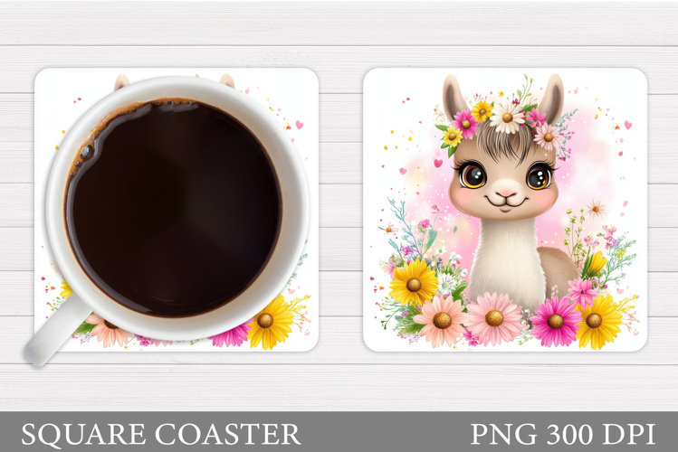 Cute Lama Coaster Design. Lama Flowers Coaster Sublimation