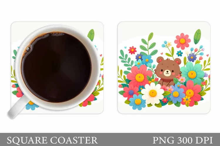 Bear Coaster Sublimation. Bear Flowers Coaster Design