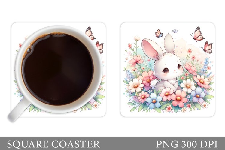 Cute Bunny Coaster. Bunny Flowers Coaster Sublimation