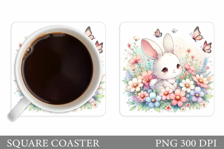 Cute Bunny Coaster. Bunny Flowers Coaster Sublimation