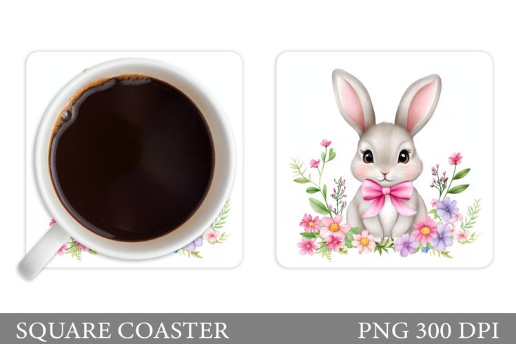 Cute Bunny Coaster. Bunny Flowers Coaster Sublimation example image 1