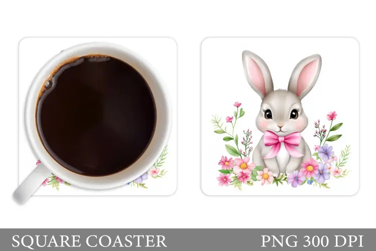 Cute Bunny Coaster. Bunny Flowers Coaster Sublimation