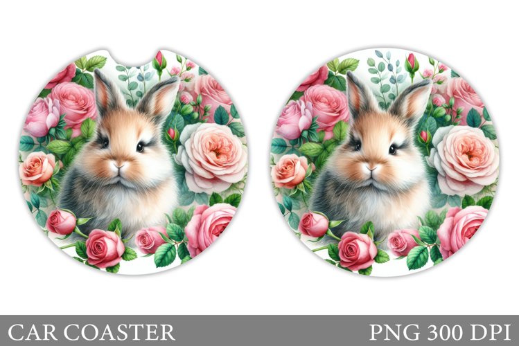 Bunny Car Coaster Sublimation. Bunny Flowers Car Coaster example image 1