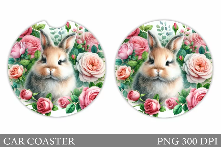 Bunny Car Coaster Sublimation. Bunny Flowers Car Coaster
