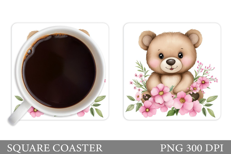 Bear Coaster Sublimation. Bear Flowers Coaster Design