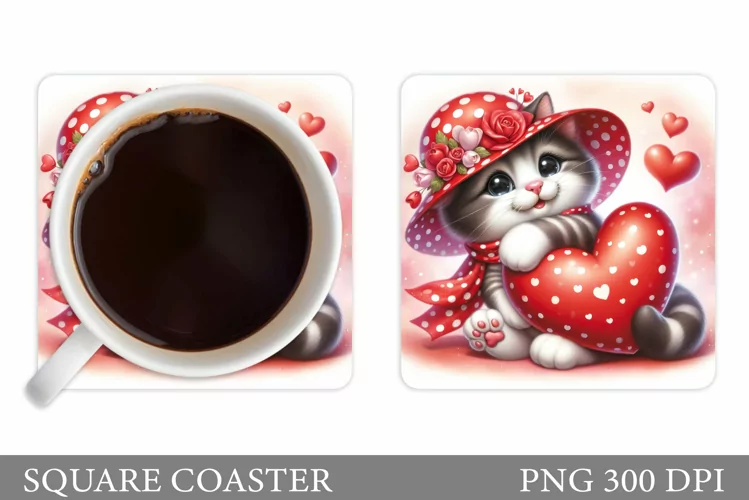 Valentines Cat Coaster. Cute Cat Coaster Sublimation