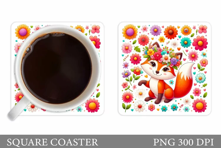 Cute Fox Coaster Sublimation. Fox Flowers Coaster Design