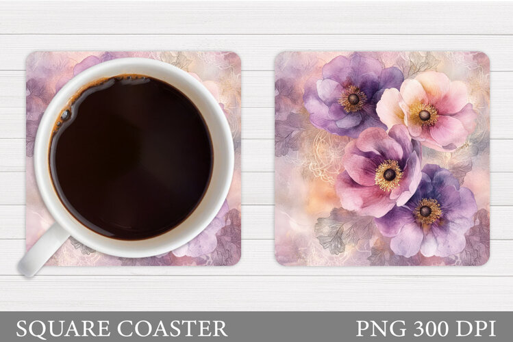 Flowers Square Coaster Sublimation. Flowers Coaster Design example image 1