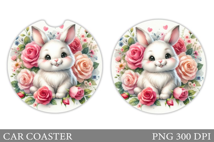 Bunny Car Coaster Sublimation. Bunny Flowers Car Coaster example image 1