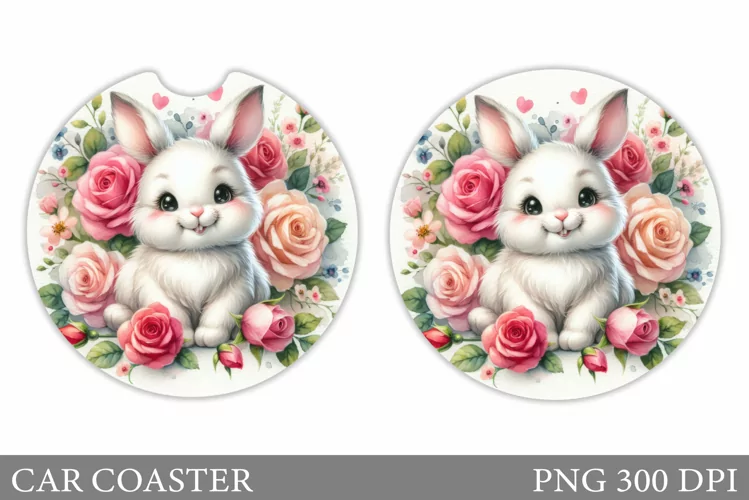 Bunny Car Coaster Sublimation. Bunny Flowers Car Coaster