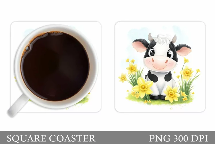 Cute Cow Coaster Design. Cow Flowers Coaster Sublimation
