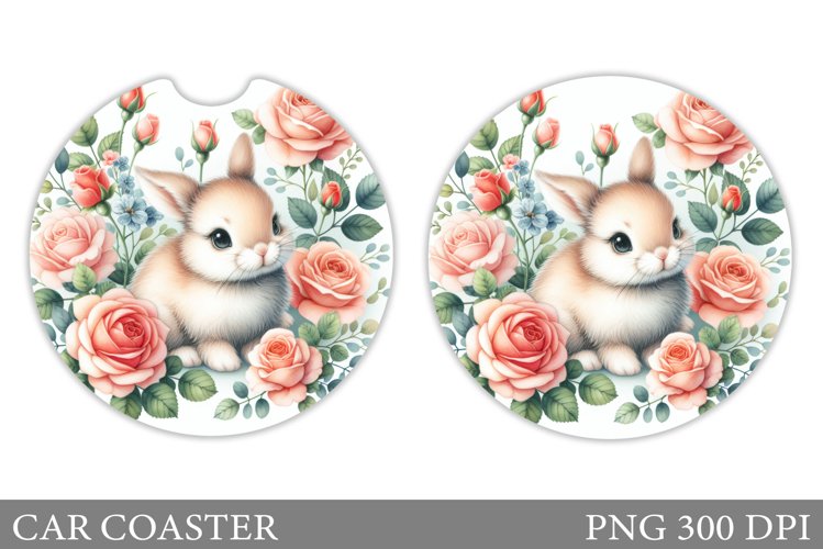 Bunny Car Coaster Sublimation. Bunny Flowers Car Coaster example image 1