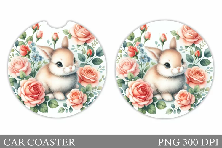 Bunny Car Coaster Sublimation. Bunny Flowers Car Coaster