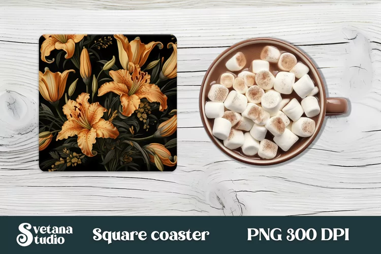 Orang lilies square coaster PNG | Flower coaster