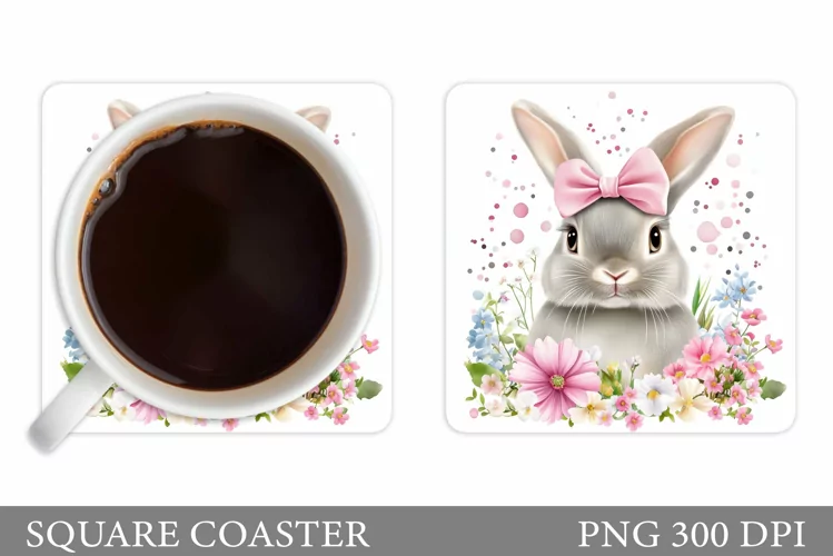 Cute Bunny Coaster. Bunny Flowers Coaster Sublimation