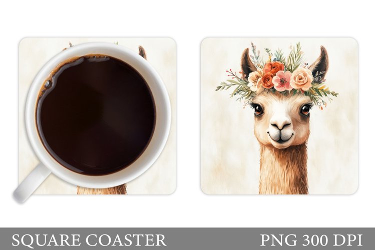 Cute Lama Coaster Design. Lama Flowers Coaster Sublimation example image 1