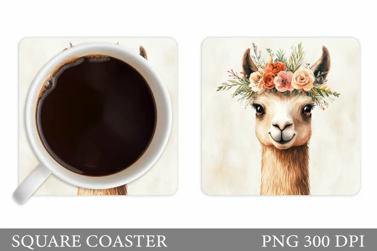 Cute Lama Coaster Design. Lama Flowers Coaster Sublimation