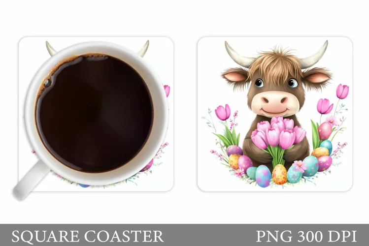 Highland Cow Coaster Design. Easter Coaster Sublimation