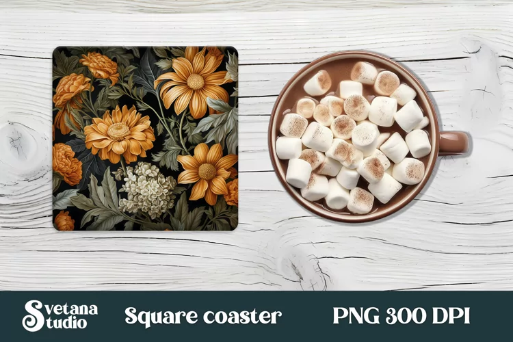 Flower square coaster sublimation | Orang flower coaster PNG