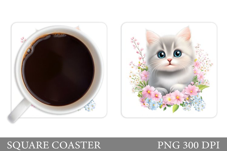Cute Cat Coaster Design. Cat Flowers Coaster