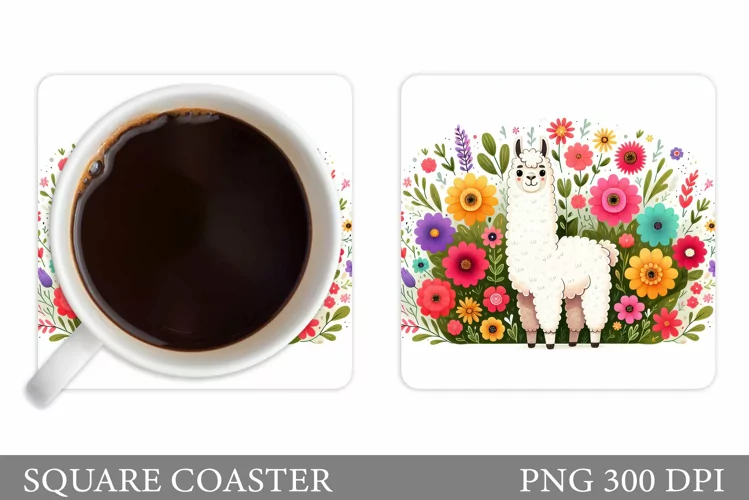 Cute Lama Coaster Design. Lama Flowers Coaster Sublimation